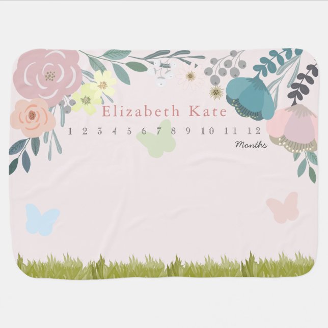 Spring Floral Blush Pink Girl Monthly Milestone Baby Blanket (Horizontal)