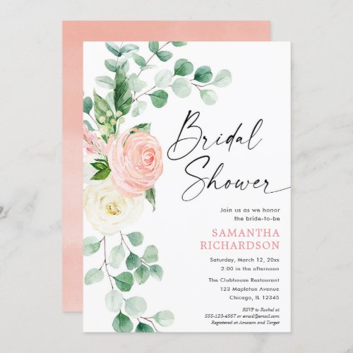 Spring floral blush pink greenery bridal shower invitation