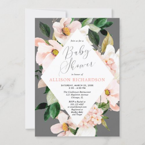 Spring floral blush pink grey elegant baby shower invitation