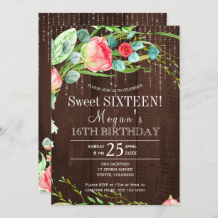 Spring floral blush roses barn wood sweet sixteen invitation