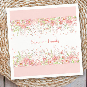 Spring Floral Border Pink Peach Family Name Napkins