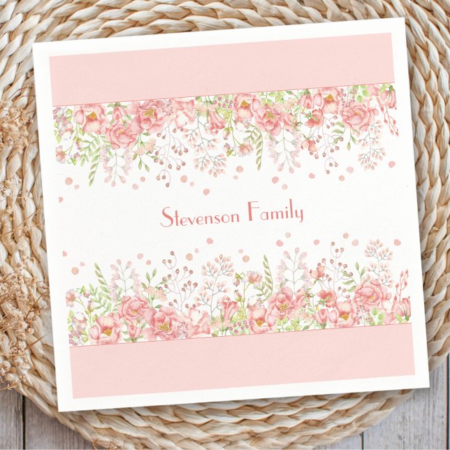 Spring Floral Border Pink Peach Family Name Napkins (Spring Floral Border Pink Peach Family Name Napkins)