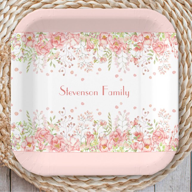 Spring Floral Border Pink Peach Family Name Paper Plates (Spring Floral Border Pink Peach Family Name Paper Plates)