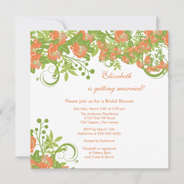 Spring Floral Bridal Shower Invitation Coral Rose (Front)