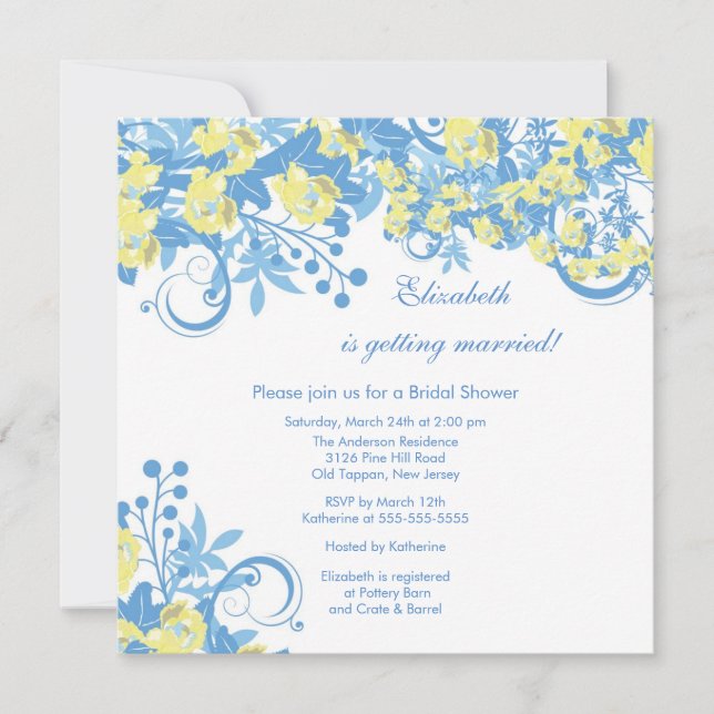 Spring Floral Bridal Shower Invitation Yellow Blue (Front)