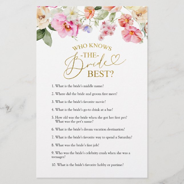 Spring Floral Bridal Shower Knows The Bride Game  (Front)