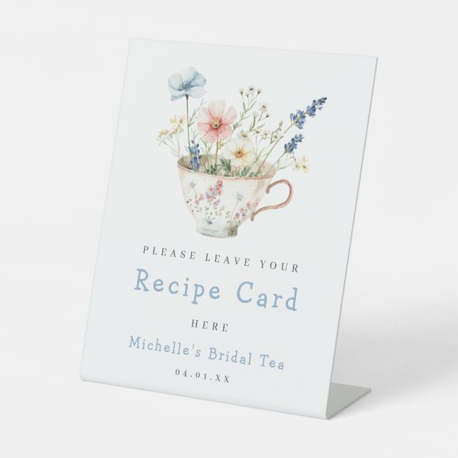 Spring Floral Bridal Shower Tea Party Recipe Card Pedestal Sign (Front)