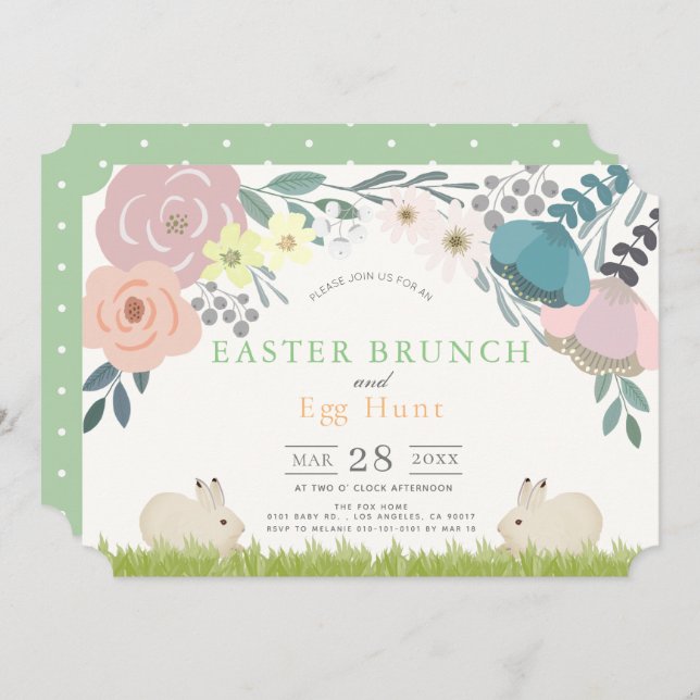 Spring Floral Bunnies Easter Brunch & Egg Hunt Invitation (Front/Back)