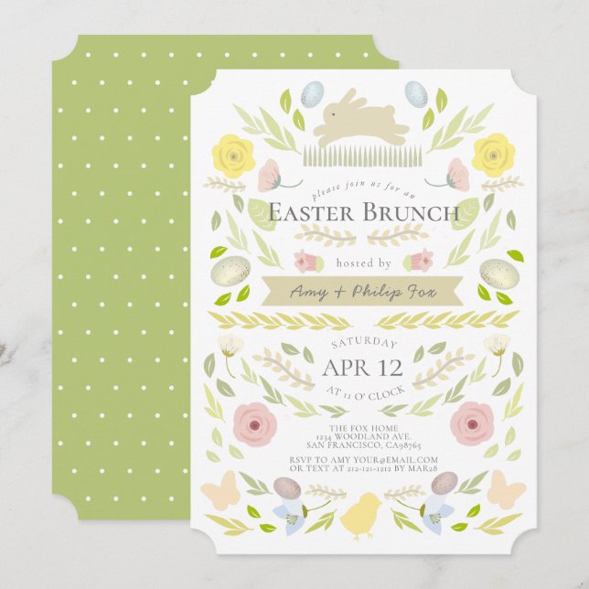 Spring Floral Bunny Foliage Green Easter Brunch Invitation (Front/Back)