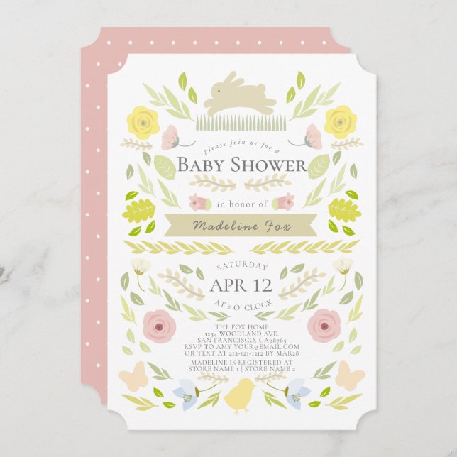 Spring Floral Bunny Foliage Pink Girl Baby Shower Invitation (Front/Back)