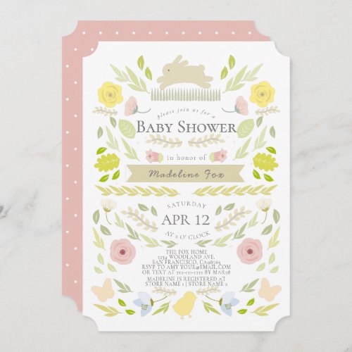 Spring Floral Bunny Foliage Pink Girl Baby Shower Invitation