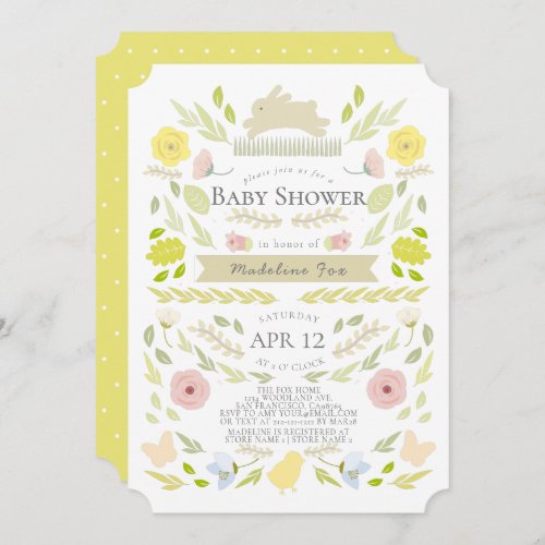 Spring Floral Bunny Foliage Yellow Baby Shower Invitation