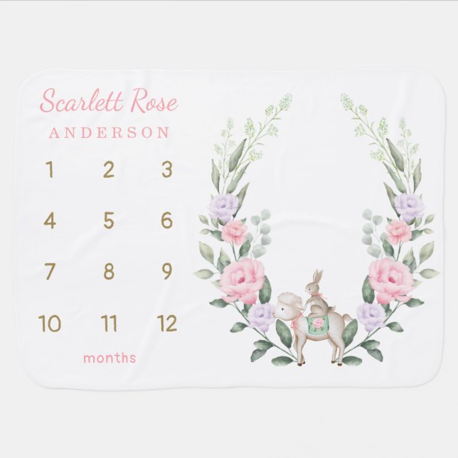 Spring Floral Bunny Lamb Monthly Milestone Easter Baby Blanket (Horizontal)