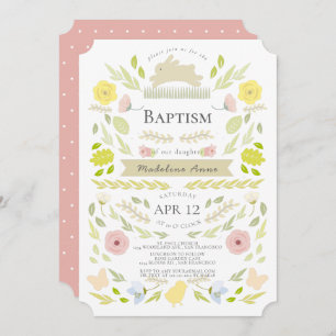 Spring Floral Bunny Pink Girl Baptism Invitation