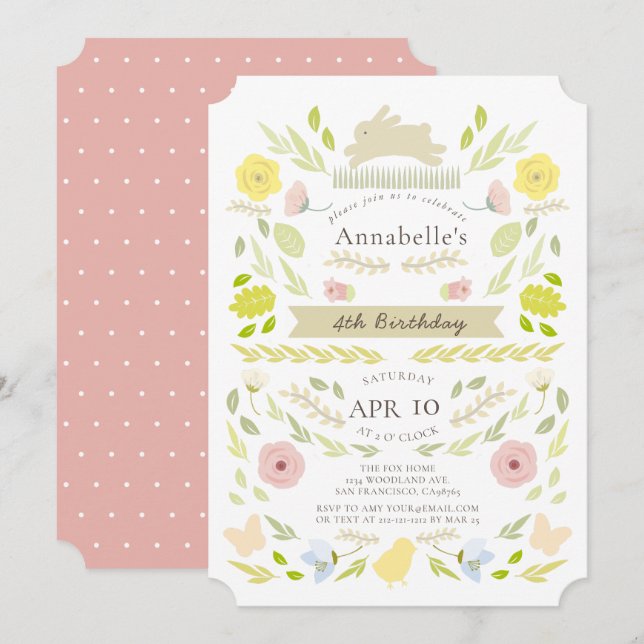 Spring Floral Bunny Pink Girl Birthday Invitation (Front/Back)