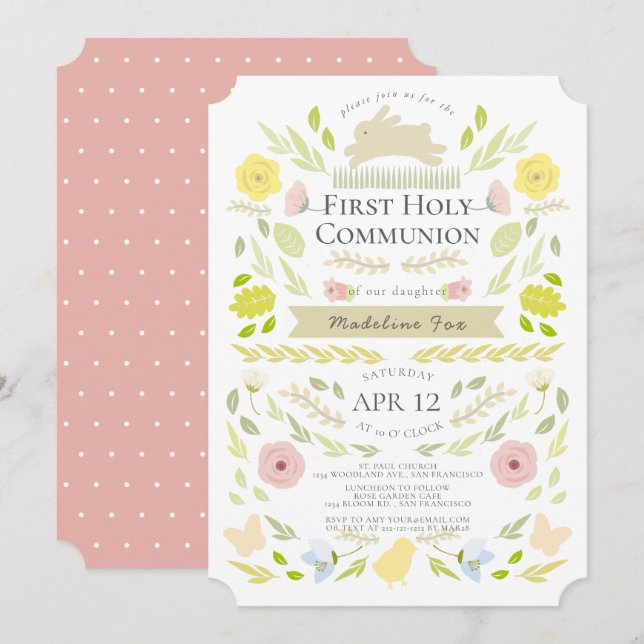 Spring Floral Bunny Pink Girl First Holy Communion Invitation (Front/Back)