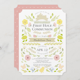 Spring Floral Bunny Pink Girl First Holy Communion Invitation