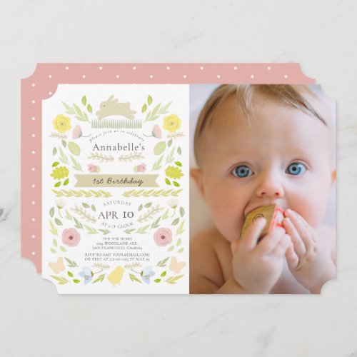 Spring Floral Bunny Pink Girl Photo 1st Birthday Invitation