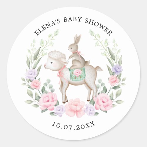 Spring Floral Bunny Rabbit  Lamb Easter Baby Girl Classic Round Sticker