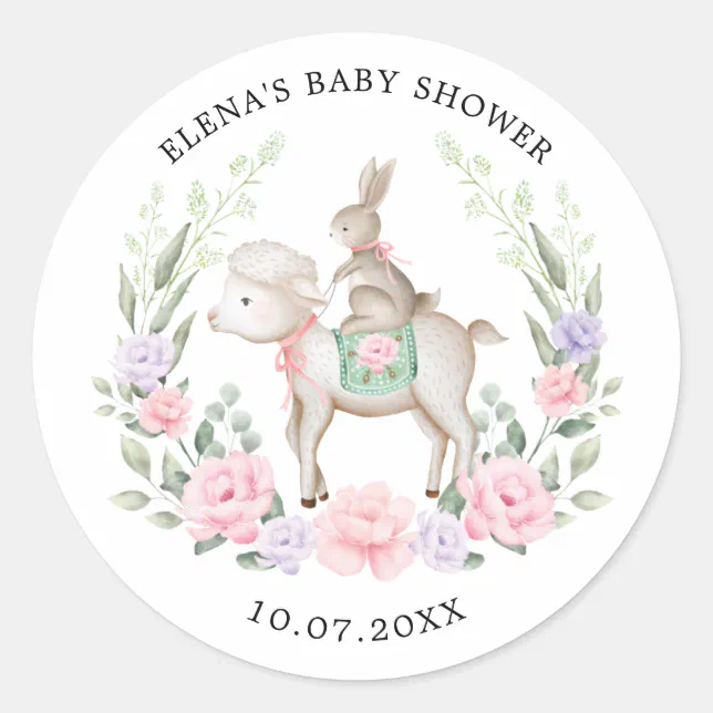Spring Rabbit Sticker Spring Floral Bunny Rabbit & Lamb Easter Baby Girl Classic Round ...