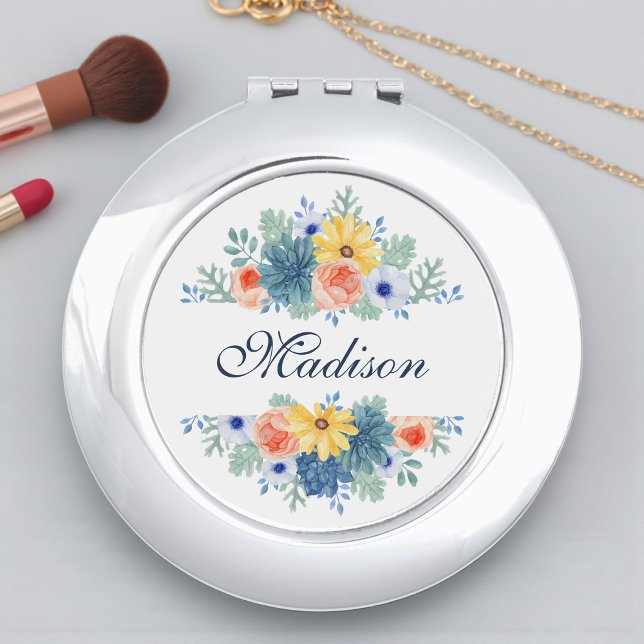 Spring Floral Chic Modern Personalized Name Compact Mirror (Creator Uploaded)