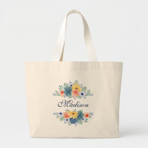 Spring Floral Chic Modern Personalized Name Large Tote Bag