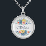 Spring Floral Chic Modern Personalized Name Sterling Silver Necklace<br><div class="desc">This modern design features a spring floral in pretty coral, yellow, teal and navy blue with your personalized name. Personalize by editing the text in the text box provided. #floral #flowers #botanical #personalized #name #bridesmaidgifts #bridalparty #bridalpartygifts #weddings #modern #chic #stylish #elegant #wedding #accessories #gifts #giftsforher #personalizedgifts #addyourownname #spring #feminine #girly...</div>