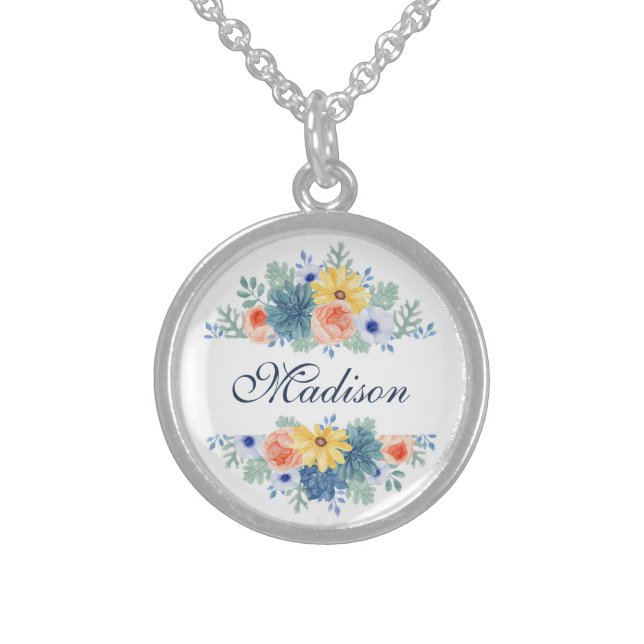 Spring Floral Chic Modern Personalized Name Sterling Silver Necklace (Front)