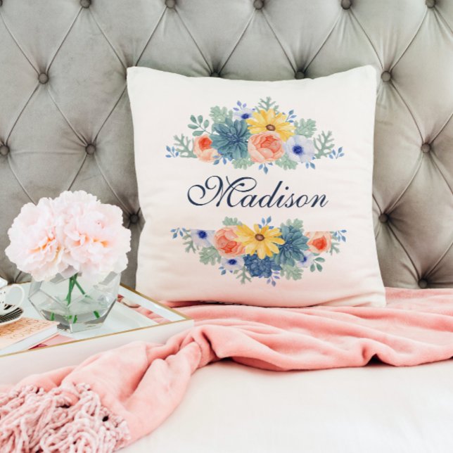 Spring Floral Chic Modern Personalized Name Throw Pillow (Creator Uploaded)