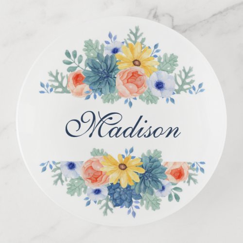 Spring Floral Chic Modern Personalized Name Trinket Tray