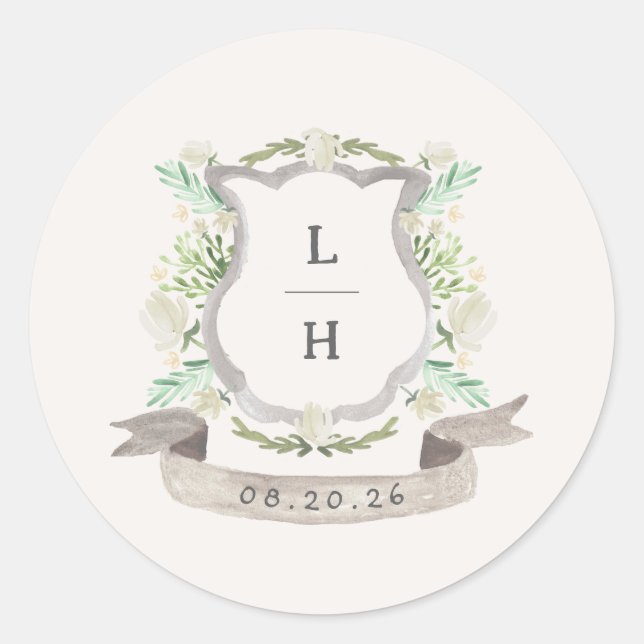 Spring Floral Crest Wedding Classic Round Sticker (Front)