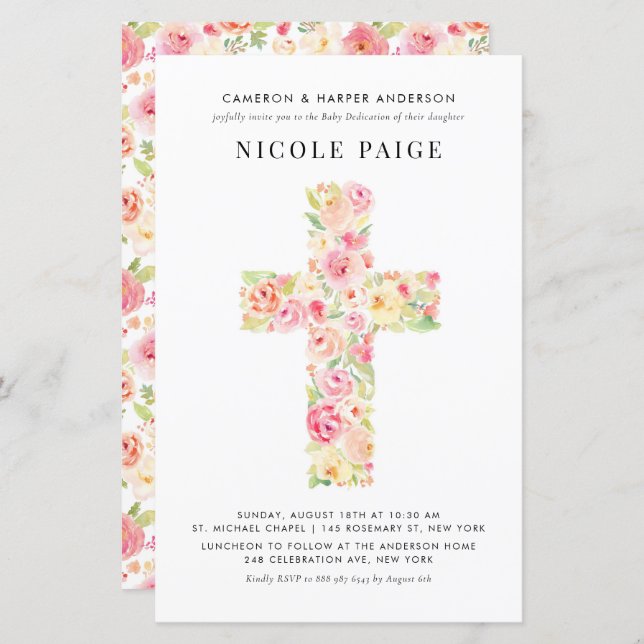 Spring Floral Cross Baby Dedication Invitation (Front/Back)