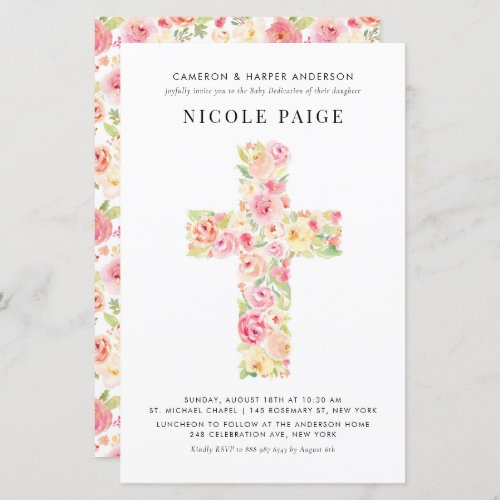 Spring Floral Cross Baby Dedication Invitation