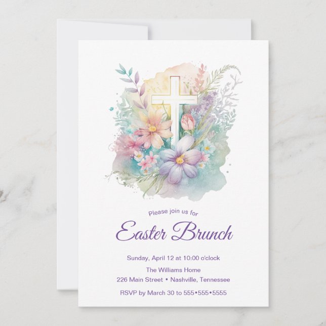 Spring Floral Cross Easter Brunch Invitation (Front)