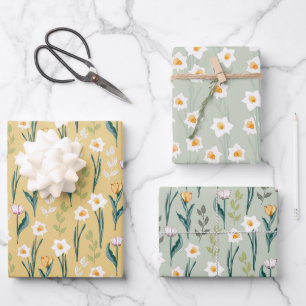 Spring Floral Daffodil and Tulip Pattern Wrapping Paper Sheets