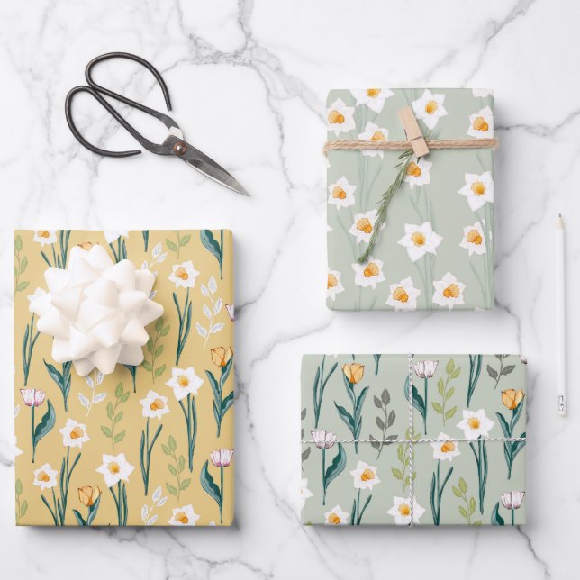 Spring Floral Daffodil and Tulip Pattern Wrapping Paper Sheets (Front)