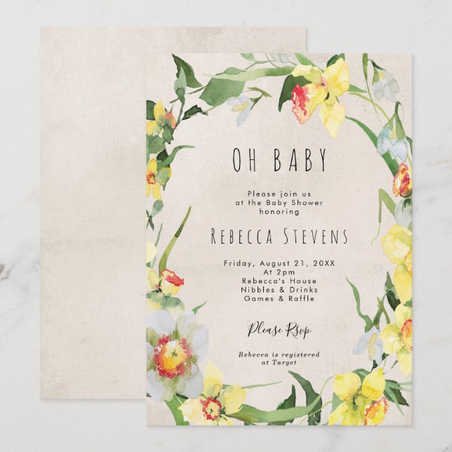 spring floral daffodil baby shower invitation (Front/Back)