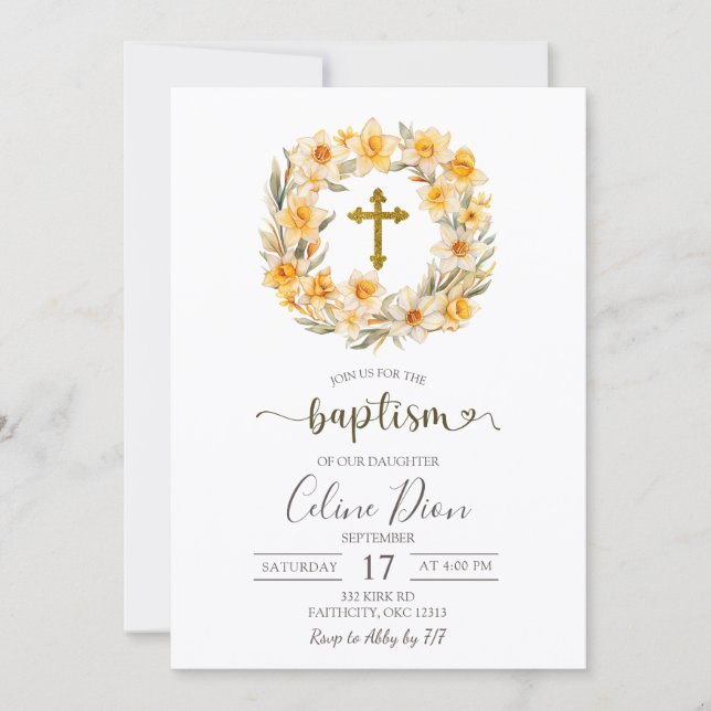 Spring Floral Daffodil Wreath Baptism Invitation (Front)