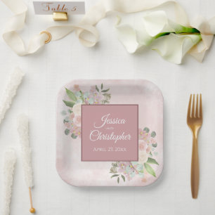 Spring Floral Dusty Rose Boho Watercolor Wedding Paper Plates