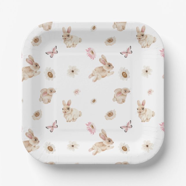 Spring Floral Easter Bunny Baby Shower Paper Plates (Front)