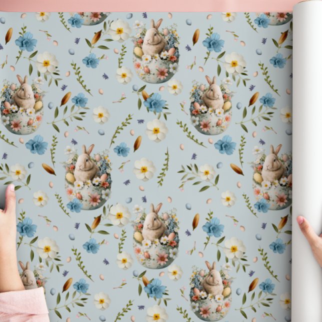Spring Floral Easter Bunny Celebration Blue Wrapping Paper (Creator Uploaded)