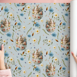 Spring Floral Easter Bunny Celebration Blue Wrapping Paper