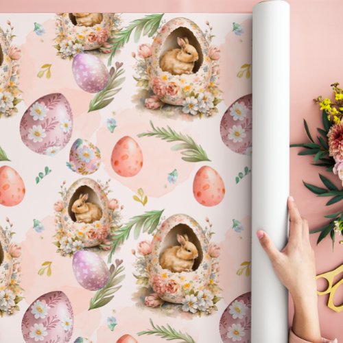 Spring Floral Easter Bunny Celebration Pink Wrapping Paper