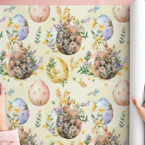 Spring Floral Easter Bunny Celebration Yellow Wrapping Paper