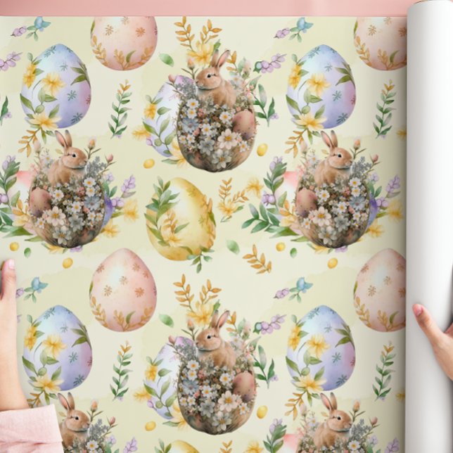 Spring Floral Easter Bunny Celebration Yellow Wrapping Paper (Creator Uploaded)