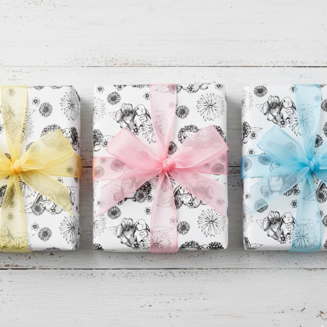 Spring Floral Easter Bunny Wrapping Paper Sheets (Cute Easter Bunnies Wrapping Paper in Black and White for Kids Easter Basket or Egg Hunt)