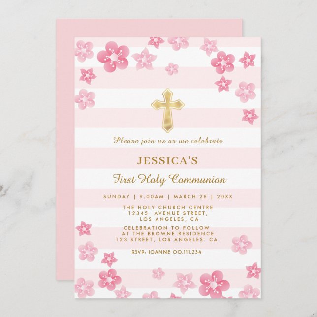 Spring floral first holy communion invitation card (Front/Back)