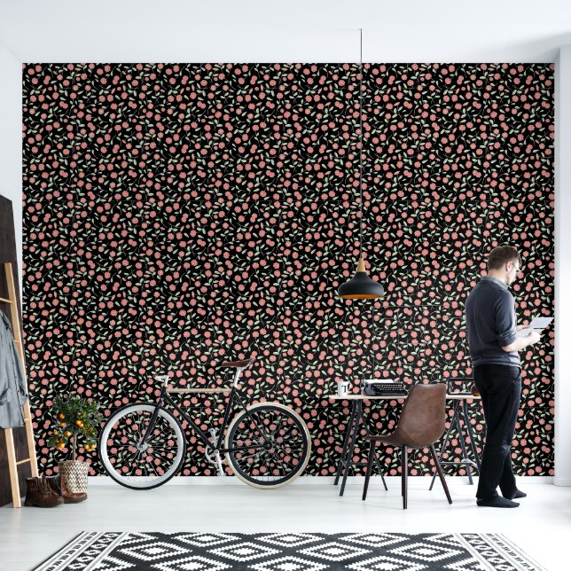 Spring Floral Fling Black Wallpaper (Living Room)