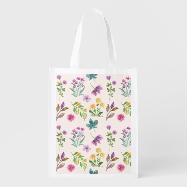 Spring Floral Flower Pattern Reusable Grocery Bag (Front)