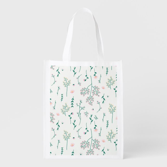 Spring Floral Flower Pattern Reusable Grocery Bag (Front)